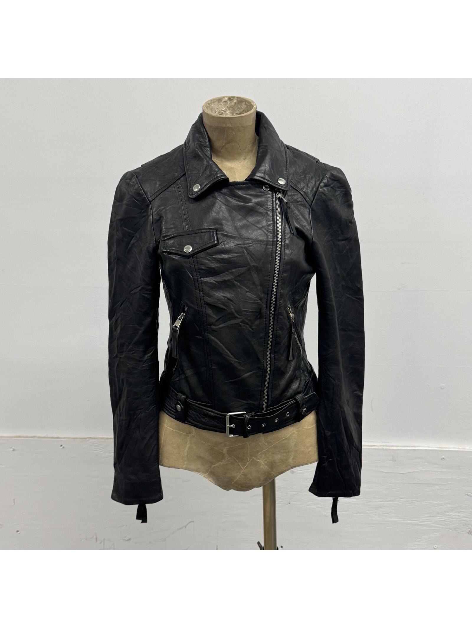 Vintage Zara Black Sheep Leather Belted Moto Jacket S